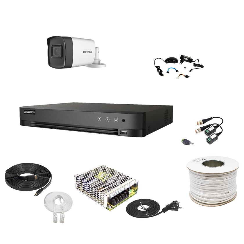 Kit Supraveghere si Securitate Hikvision, 1 Camera Exterior Ultra HD 5MP, High-Performance, 80m Smart IR + DVR 4 canale pana la 5MP + Accesorii