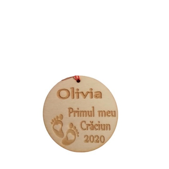 Glob de Craciun, Personalizat, Lemn, Brad, Craciun, Primul Craciun, 7x7 cm, Bebe, Olivia, Nume