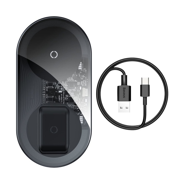 Безжично зарядно Qi Baseus Simple Pro 2в1 за телефони и Airpods, 15W, сив