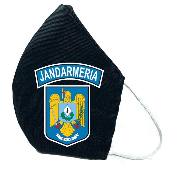 Masca de protectie din material textil de calitate superioara, 2 straturi, Adulti, neagra, Reutilizabila, Tema logo JANDARMERIA