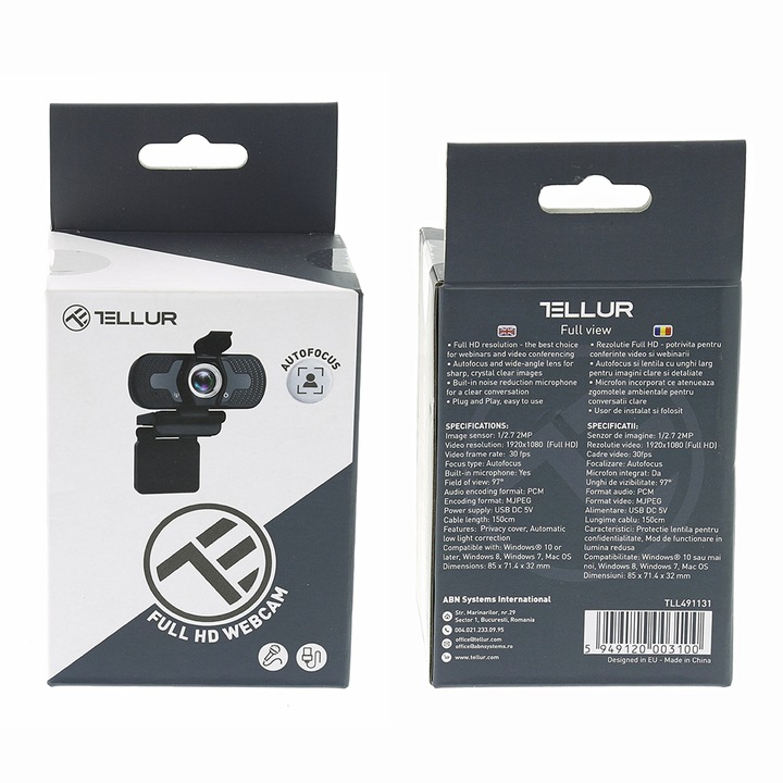Web камера Tellur Full HD, 2MP, Автофокус, Микрофон, Черен