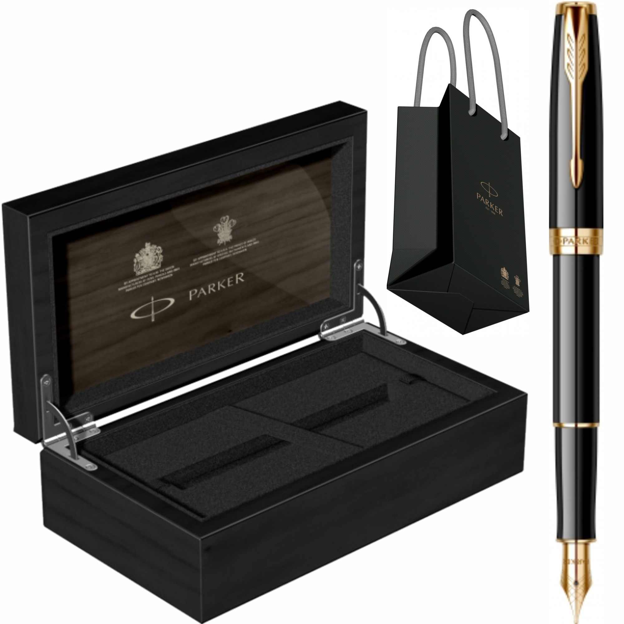 Stilou Parker Sonnet Royal Black GT Personalizat prin Gravura Laser in Cutie de Lemn Parker si Punga Parker