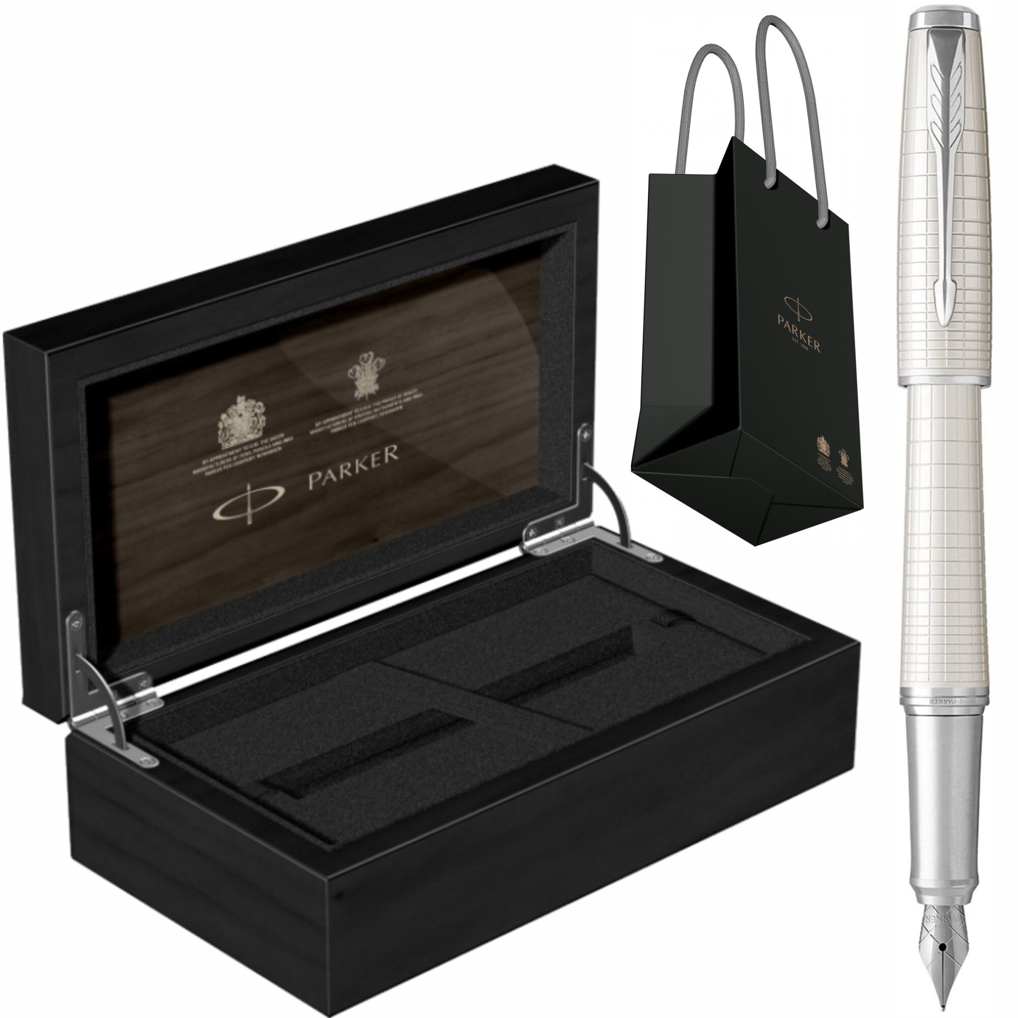 Stilou Parker Urban Royal Premium Pearl Metal Chiselled CT Personalizat prin Gravura Laser in Cutie de Lemn Parker si Punga Parker