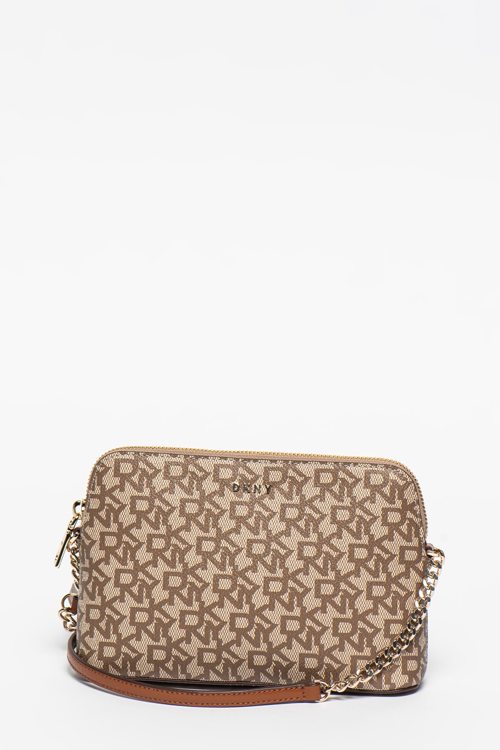 DKNY, Geanta crossbody de piele ecologica cu monograma Bryant, Bej/Maro taupe