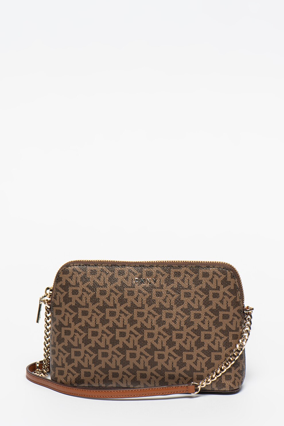 DKNY, Geanta crossbody de piele ecologica cu monograma Bryant, Maro/Maro taupe