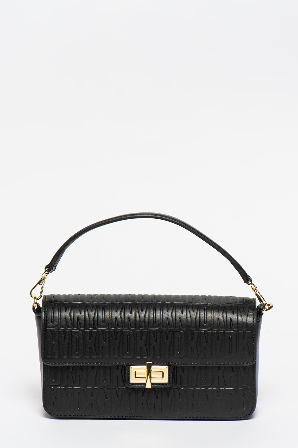 DKNY, Geanta de piele ecologica cu model logo in relief Jojo, Negru/Auriu