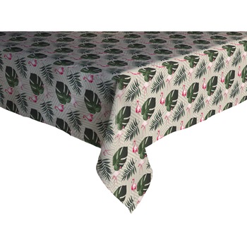 Fata de masa musama (100% din compus moale PVC) Gemitex gri deschis cu flamingo si frunze Monstera 140X180 cm Fata de masa musama (100% din compus moale PVC) Gemitex gri deschis cu flamingo si frunze Monstera 140X180 cm