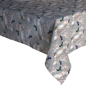 Fata de masa musama (100% din compus moale PVC) gri deschis cu pasari (pasarea paradisului)si flori (cires japonez)120X160 CM Fata de masa musama (100% din compus moale PVC) gri deschis cu pasari (pasarea paradisului)si flori (cires japonez)120X160 CM