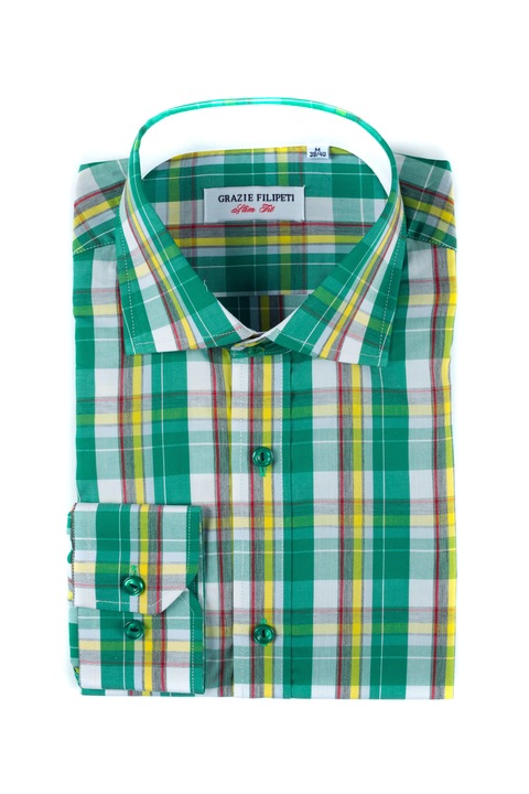 Camasa Slim Fit Grazie Filipeti alba in carouri verzi galbene