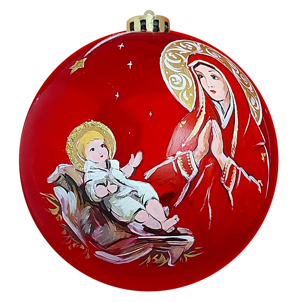 Globulet ArtDeco pentru bradul de Craciun, din plastic rosu cu Maica Domnului cu Pruncul, pictat manual in culori acrilice, diametrul de 13 cm