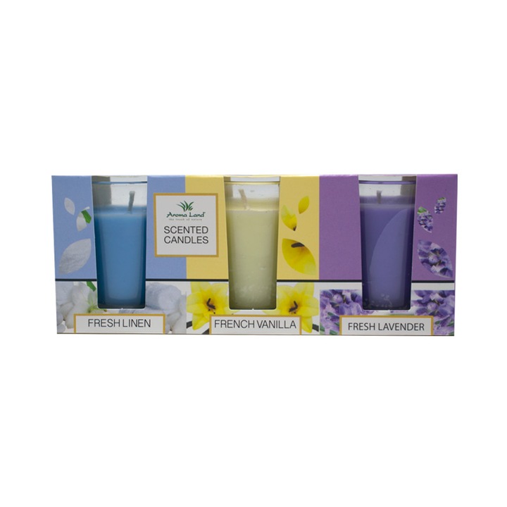 3 db üveggyertya készlet, gyapjú+levendula+vanília, aromaföld, 10 óra