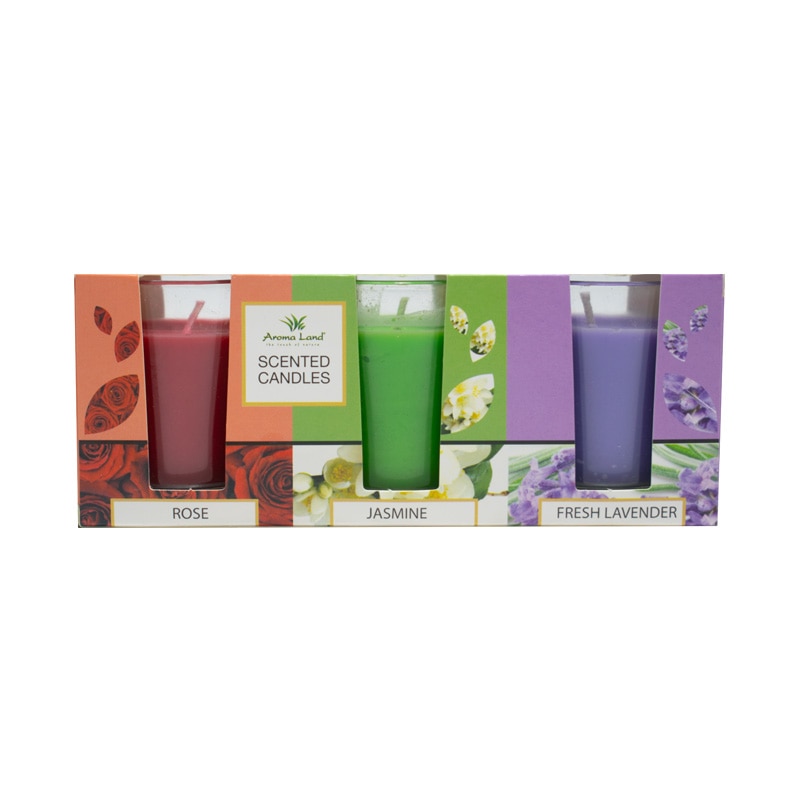 Set 3 lumanari pahar, Iasomie+Lavanda+Trandafir , Aroma Land, 10 ore