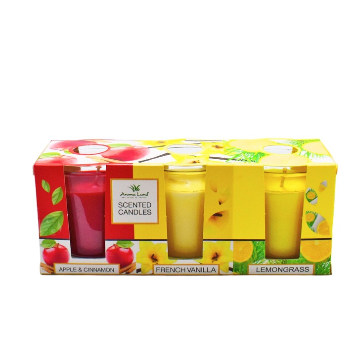 Set 3 lumanari pahar, Mar cu scortisoara+Vanilie+Lamaita, Aroma Land, 10 ore