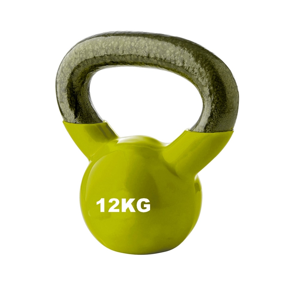 Gantera Kettlebell 12 kg, din fonta, invelis vinil, maner in forma triunghiulara, Galben