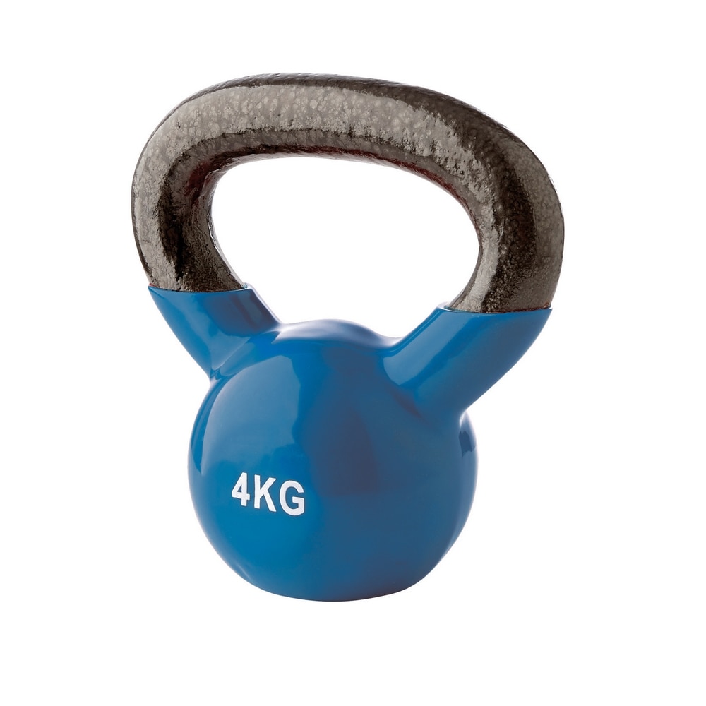 Gantera Kettlebell 4 kg, din fonta, invelis vinil, maner in forma triunghiulara, Albastru