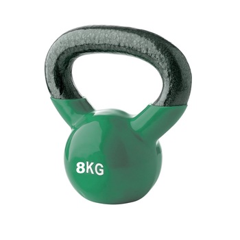 Gantera Kettlebell 8 kg, din fonta, invelis vinil, maner in forma triunghiulara, Verde Gantera Kettlebell 8 kg, din fonta, invelis vinil, maner in forma triunghiulara, Verde