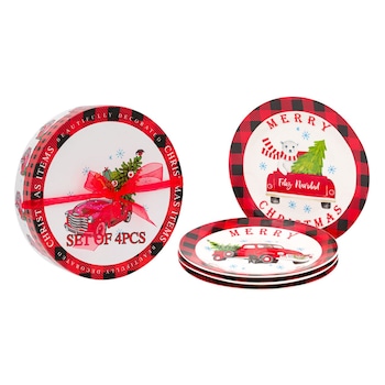 Set 4 farfurii din portelan, cu margine in carouri si bradut de Craciun, in cutie cu fundita, 19 cm Set 4 farfurii din portelan, cu margine in carouri si bradut de Craciun, in cutie cu fundita, 19 cm