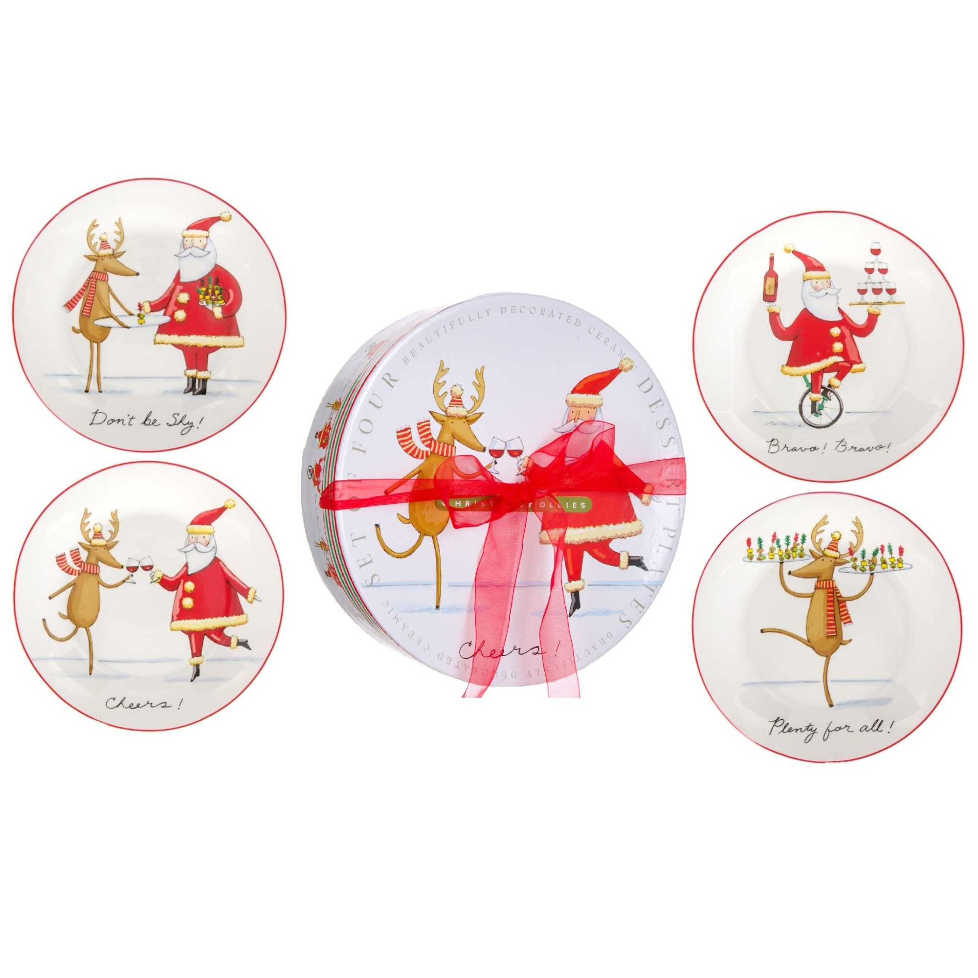 Set 4 farfurii din portelan, cu Mos Craciun, in cutie cu fundita, 19 cm