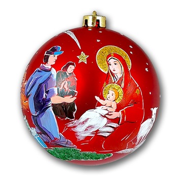 Globulet ArtDeco pentru bradul de Craciun, din plastic rosu cu Nasterea Domnului si Magii, pictat manual in culori acrilice, diametrul de 15 cm Globulet ArtDeco pentru bradul de Craciun, din plastic rosu cu Nasterea Domnului si Magii, pictat manual in culori acrilice, diametrul de 15 cm