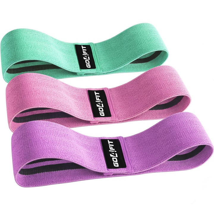 Set 3 benzi elastice din material, GO4FIT, 3 niveluri de rezistenta, saculet inclus