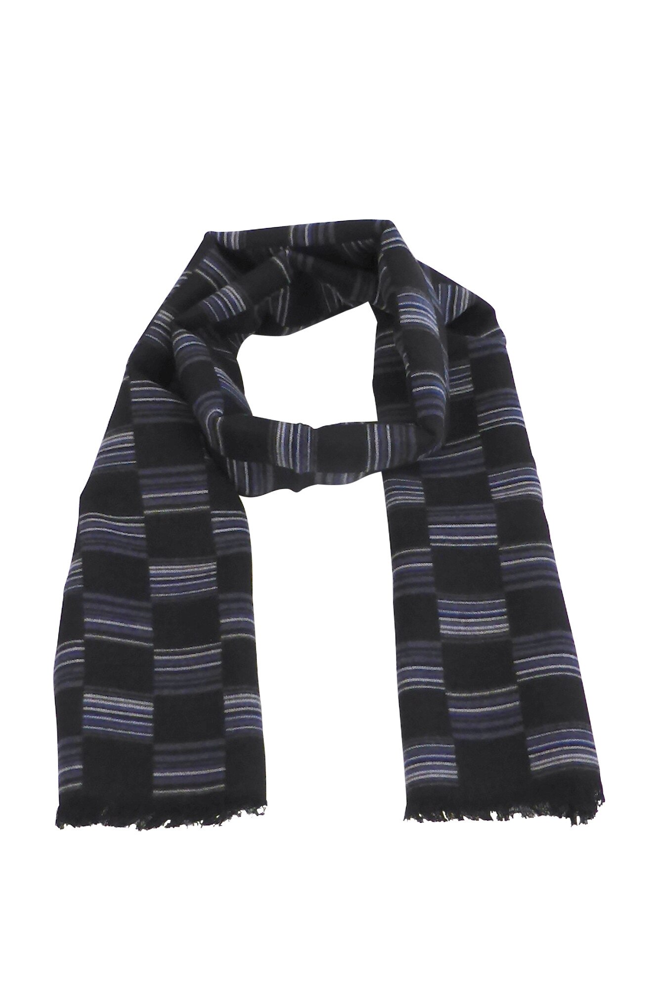 Fular barbat, 185 cm x 32 cm, imprimeu carouri, negru/albastru