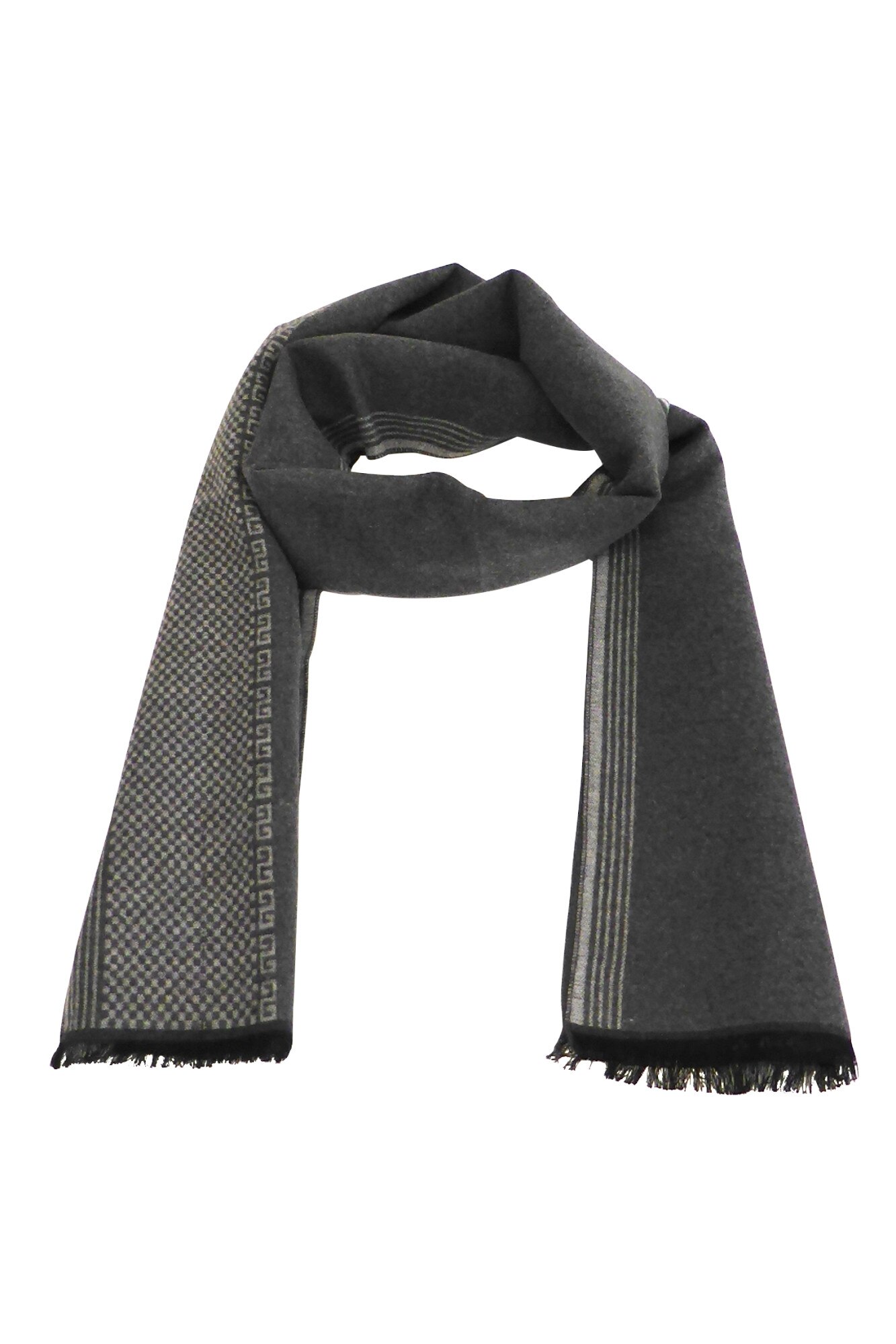 Fular barbat, 185 cm x 32 cm, imprimeu geometric, gri