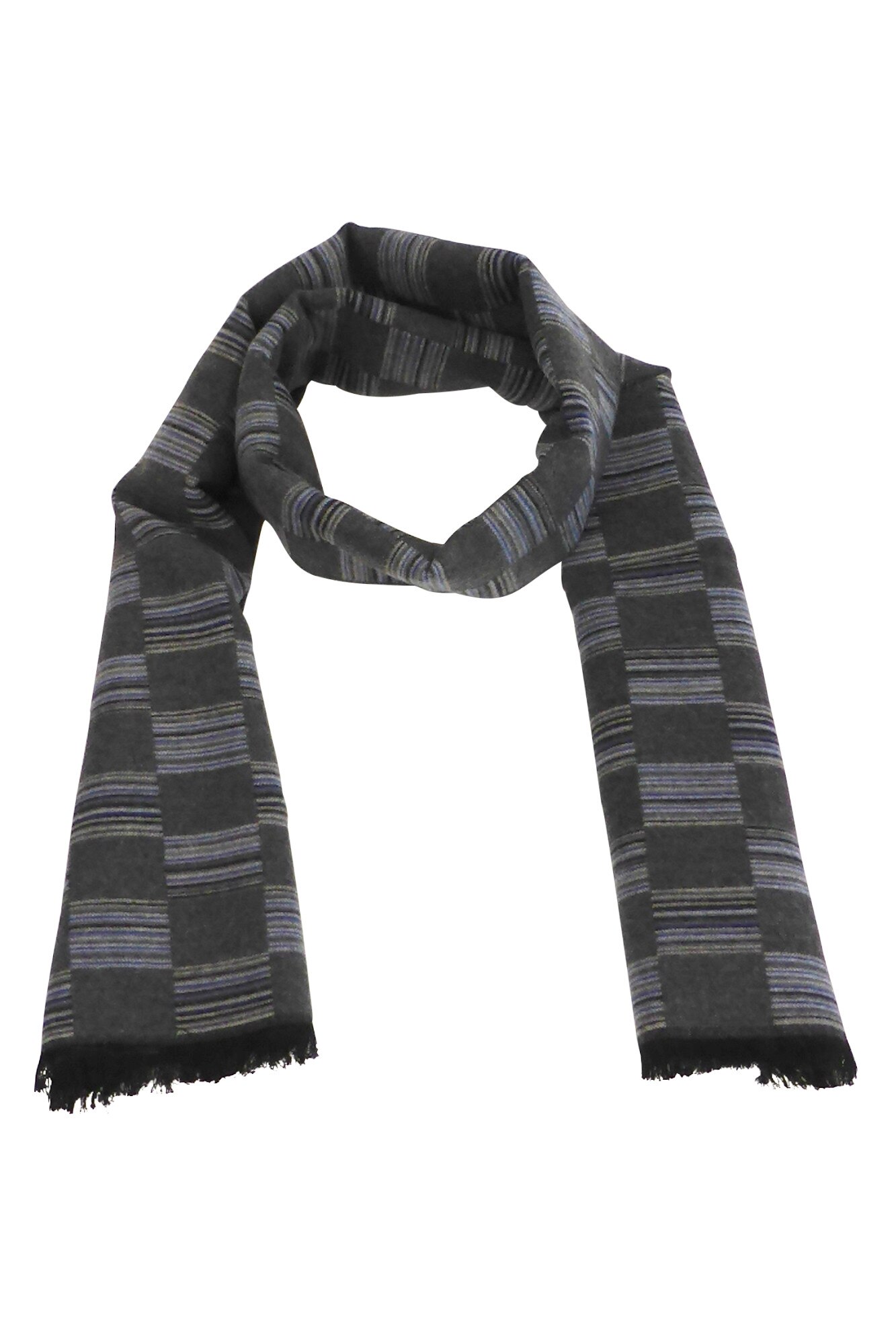 Fular barbat, 185 cm x 32 cm, imprimeu carouri, gri/albastru