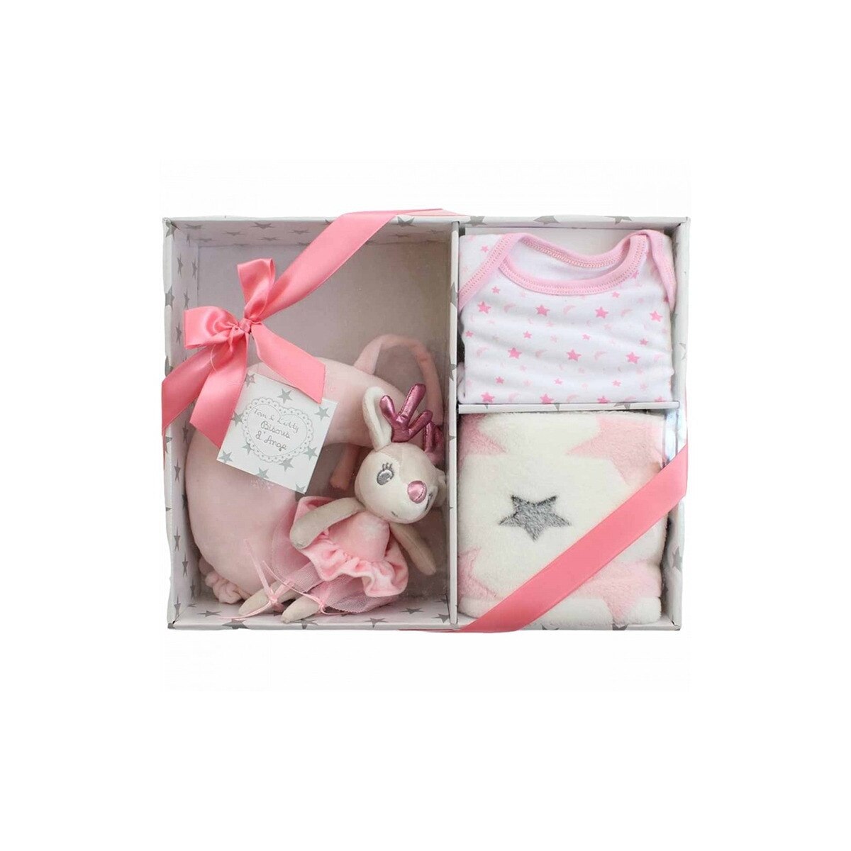 Set cadou 3 piese, Tom Kids, jucarie muzicala patut, paturica plus, body, roz, 0-6 luni