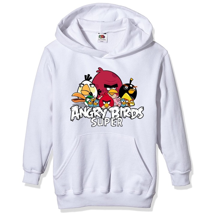 Hanorac personalizat copii angry birds super, Bumbac, Alb, 5-6 ani