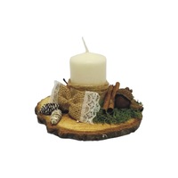 Decoratiune Craciun realizata pe felie de lemn, First Event, accesorizata cu licheni stabilizati, conuri si batoane scortisoara, dimensiune 12*9 cm