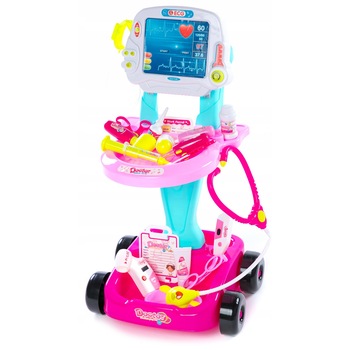 Jucarie de rol Menton, trusa de doctor cu roti, MEDICAL KIT, 18 accesorii incluse, portabil, interactiv si educational, roz Jucarie de rol Menton, trusa de doctor cu roti, MEDICAL KIT, 18 accesorii incluse, portabil, interactiv si educational, roz