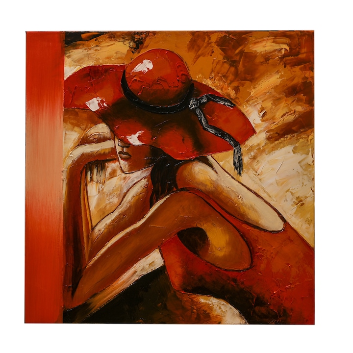 "Hölgy piros kalapos" festmény, 60 x 60 cm, olajban készült