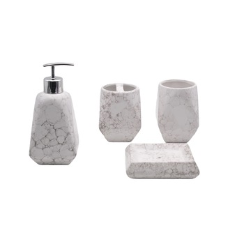 Set 4 accesorii pentru baie savoniera, dozator de sapun, suport periuta, pahar, ceramica Set 4 accesorii pentru baie savoniera, dozator de sapun, suport periuta, pahar, ceramica