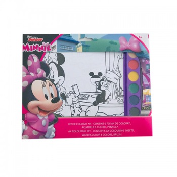 Set de colorat A4 cu acuarele Minnie contine 6 foi A4 , acuarele cu 6 culori si 1 pensula Set de colorat A4 cu acuarele Minnie contine 6 foi A4 , acuarele cu 6 culori si 1 pensula