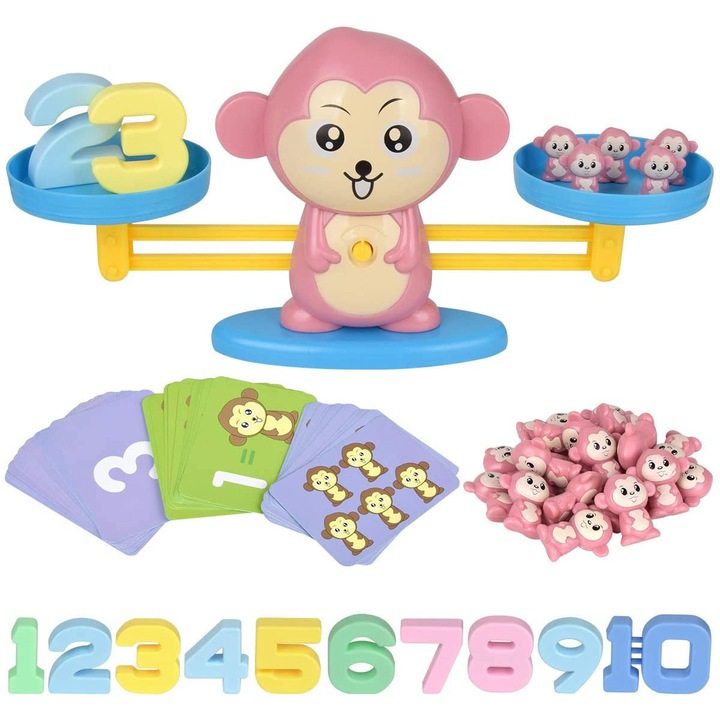 Jucarie maimuta tip balanta, matematica educativa pentru acasa, gradinita, copii de varsta prescolara de 3, 4, 5, 6, 7 ani - pentru invatare, educatie STEM, matematica interactiva, numarare, (set de 65 de piese)
