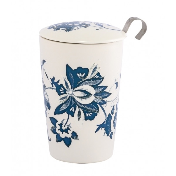 Cana cu sita si capac - TeaEve - Luna - Alba, Portelan, 350 ml, Alb / Albastru