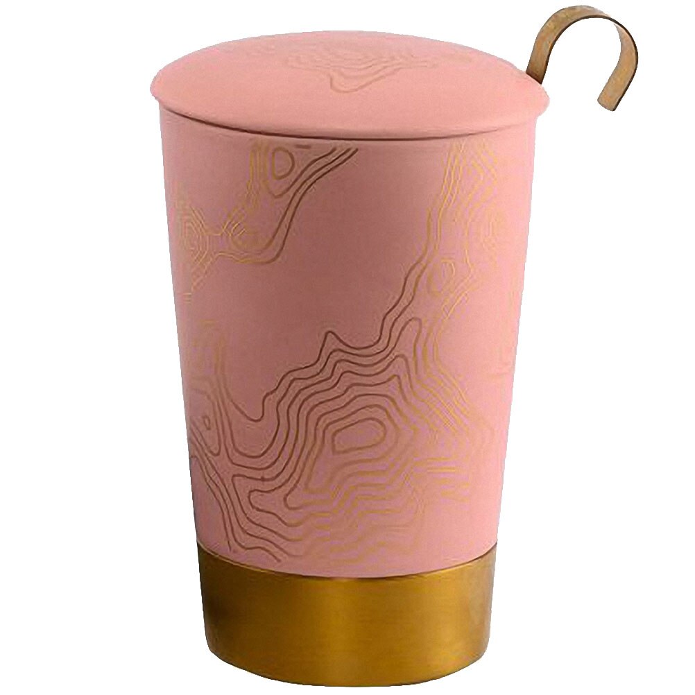Cana cu sita si capac - TeaEve - Precious - Roz, Portelan, 350 ml, Roz / Auriu
