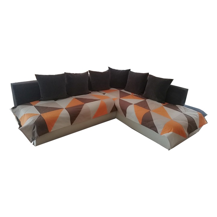 Set Cuvertura coltar, Model Triunghiuri portocaliu/bej/maro, 2 buc: 90x150 cm si 90x200 cm