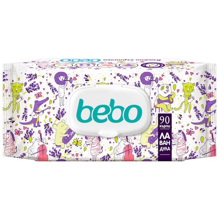 Влажни кърпички Bebo, 90 бр., капак, с екстракт от Лавандула