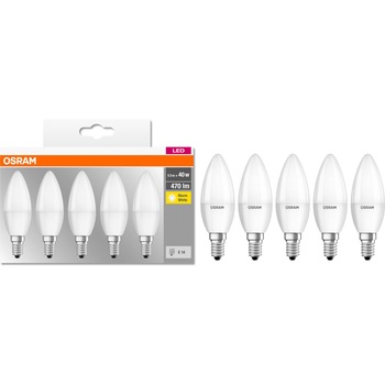 Set 5 becuri LED Osram Base Classic B40, E14, 5.5W (40W), 470 lm, temperatura lumina calda (2700K) Set 5 becuri LED Osram Base Classic B40, E14, 5.5W (40W), 470 lm, temperatura lumina calda (2700K)