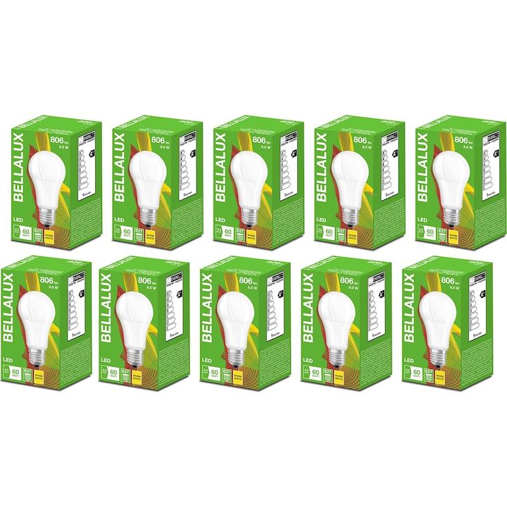 Set 10 becuri LED BELLALUX A60, E27, 8.5W (60W), 806 lm, temperatura lumina calda (2700K), clasa energetica F