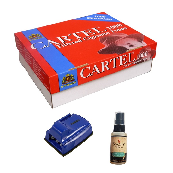Set tuburi Cartel pentru injectat tutun 1000 bucati, aroma pentru tutun 30ml si aparat triplu pentru injectat tutun