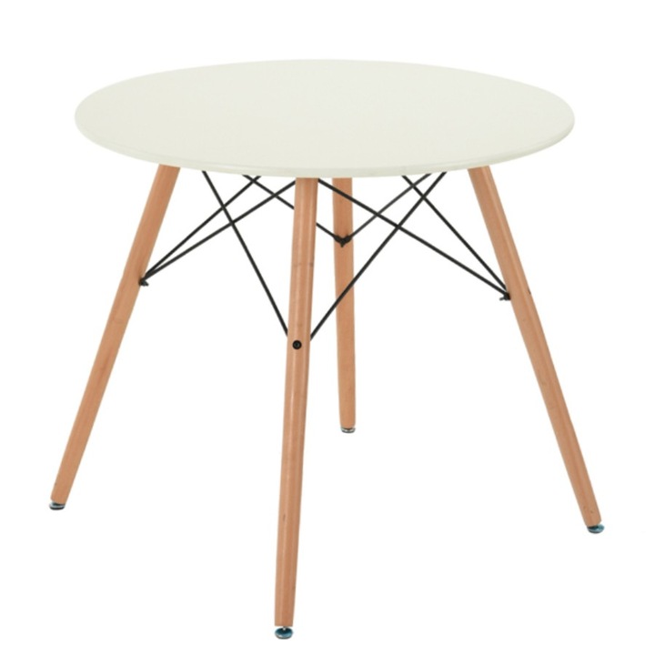 Masa bucatarie, realizat din MDF alb, picioare din lemn de fag, cadru din metal negru, rotunda, 4 persoane, 80 x 71 cm