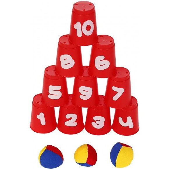Joc cu popice din cani rosii Knockem Down, Knorrtoys 56017