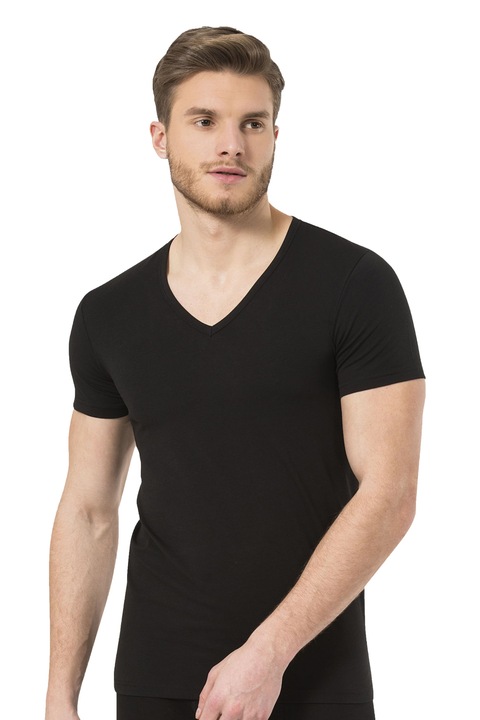 Férfi otthoni póló elasztikus pamutból, Turen, V-nyakú, Fekete