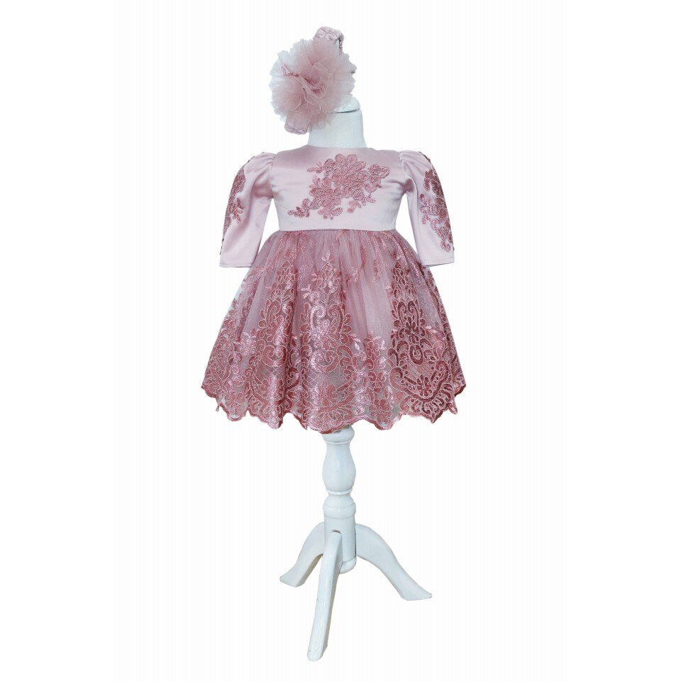 Rochita cu bentita pentru botez, Roz pudrat, 3 piese, dae8186, 3-6 Luni