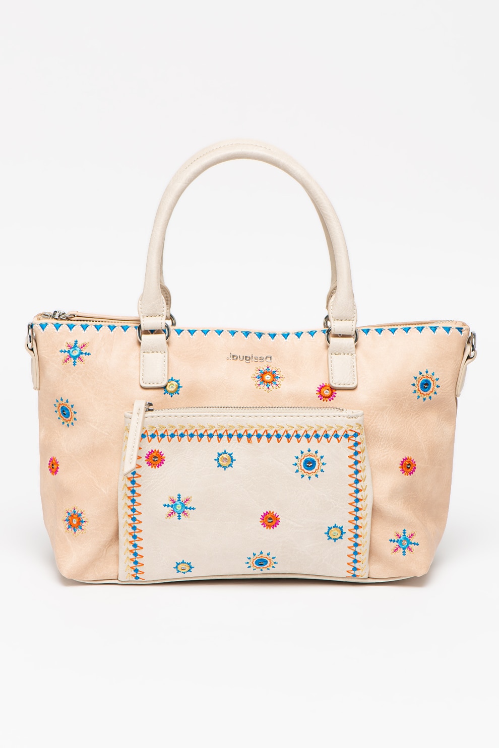 DESIGUAL, Geanta de piele ecologica, cu bareta de umar si broderii, Bej/Rosu/Albastru