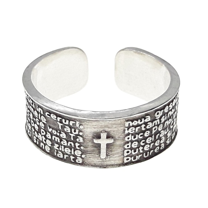 Персонализиран патиниран сребърен пръстен Молитва Отче наш в румънски модел религиозен текст мотив регулируем размер 9353550IAg Dras Silver