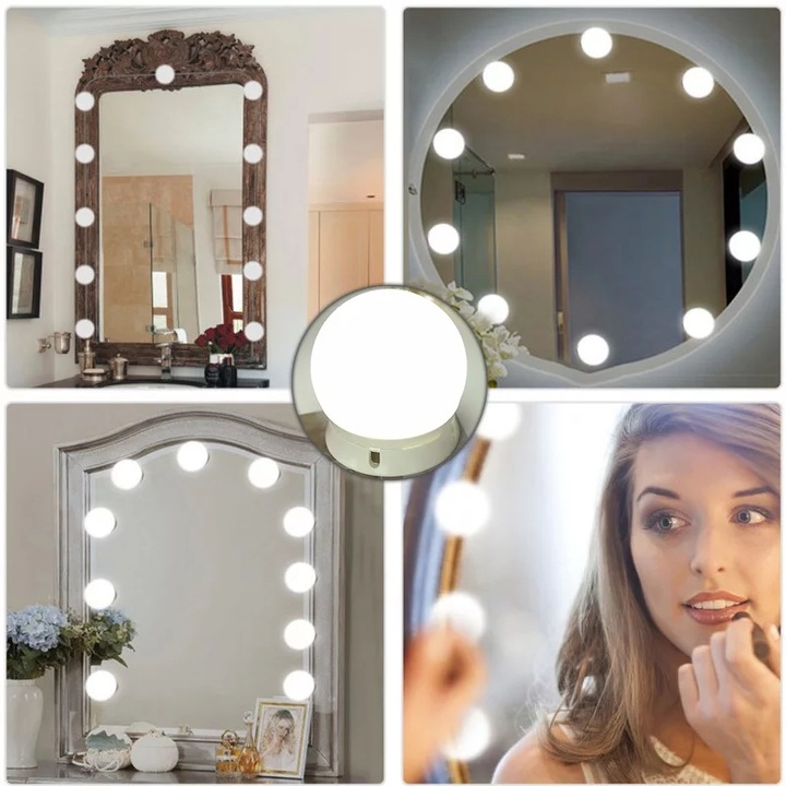 OEM, Vanity, Kozmetikai tükör, 10 db LED-izzóval, A tökéletes sminkhez, 3 fényszint