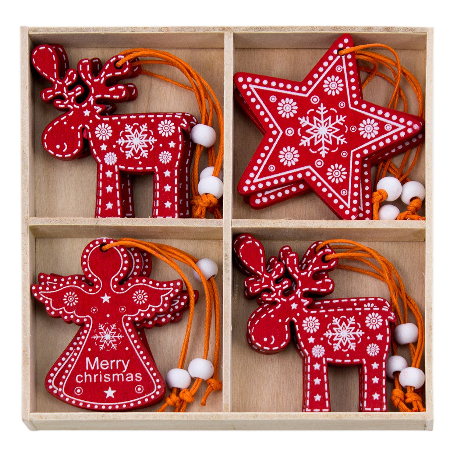 Set 12 ornamente de Craciun din lemn, DE419-219-4, 6x6 cm, rosu
